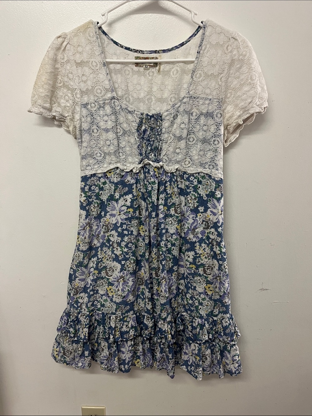 Lulumari Blue Floral Mini Dress with Cream Lace Bodice